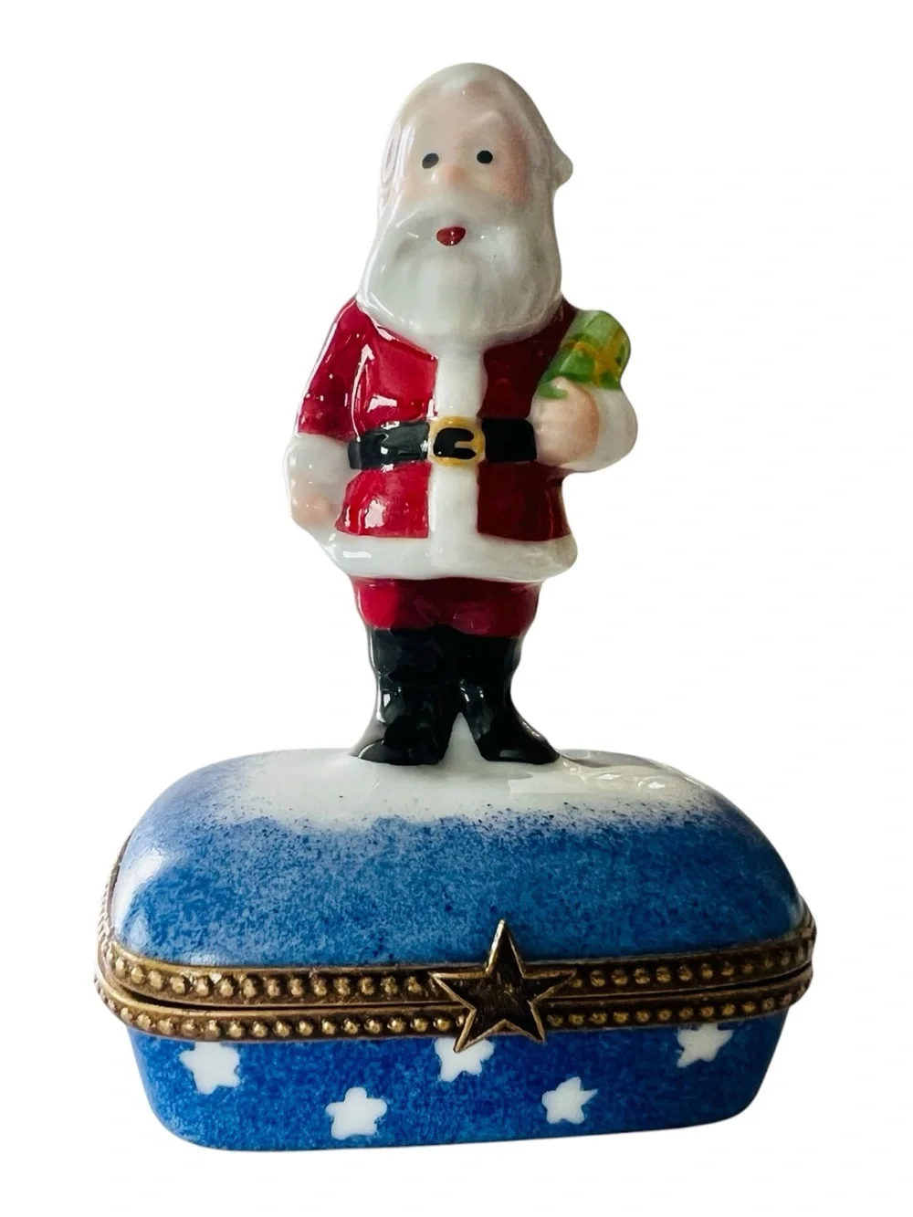 Limoges Peint Main Santa Trinket Box Santa & Blue Stars Retired Limited Edition